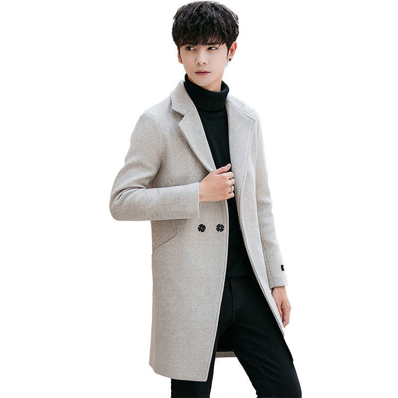 A sleek light gray woolen mens slim fit trench coat with a classic double-breasted design and black buttons.