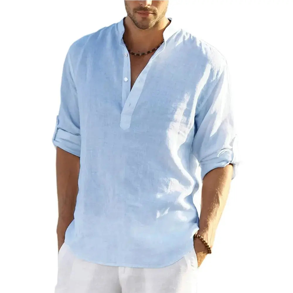 Men’s casual v neck rolled sleeve linen pullover shirt in light blue breathable linen with a relaxed fit and rolled-up sleeves.