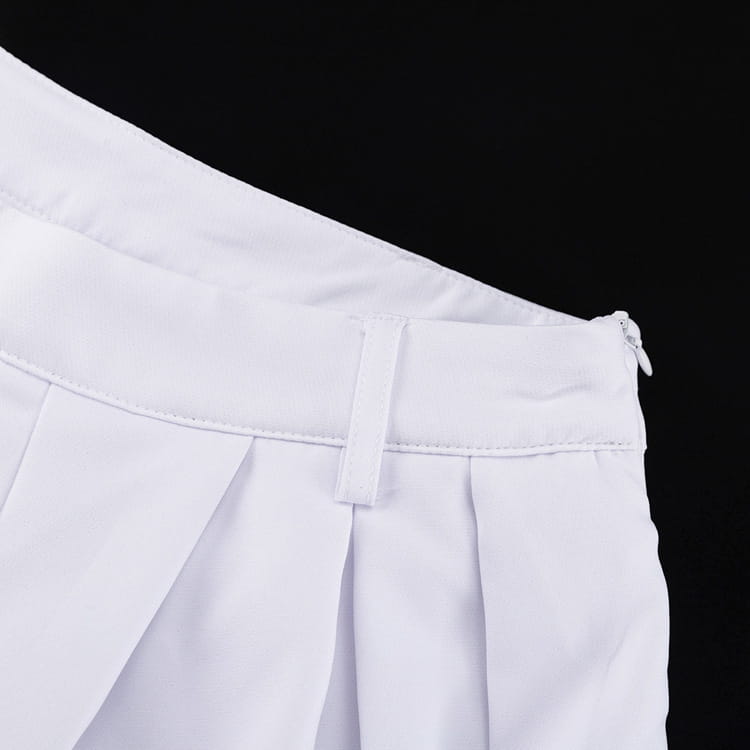 White high waisted balloon jogger pants with crisp fabric pleated skirt detail and subtle zipper at the waistband.