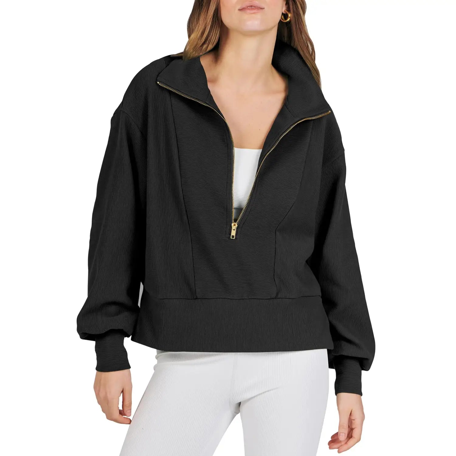 Black ribbed half zip pullover sweatshirt with gold-toned zipper accents and a fitted silhouette.