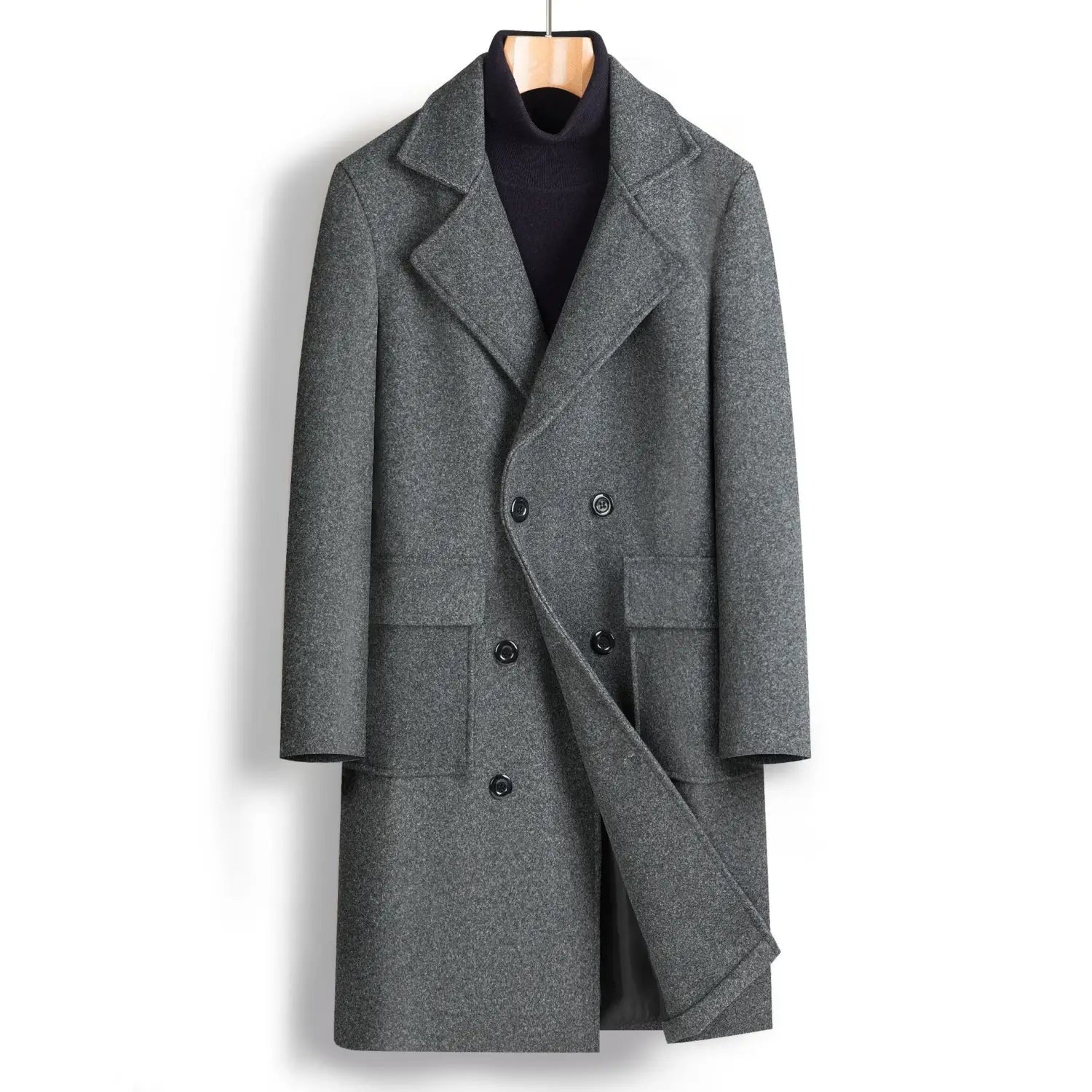 Men double breasted gray wool overcoat with black buttons and a notched collar mid length design