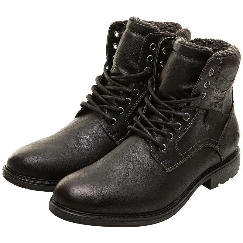 Black leather men winter snow boots with plush gray fleece lining and sturdy laces designed for warmth and durability.
