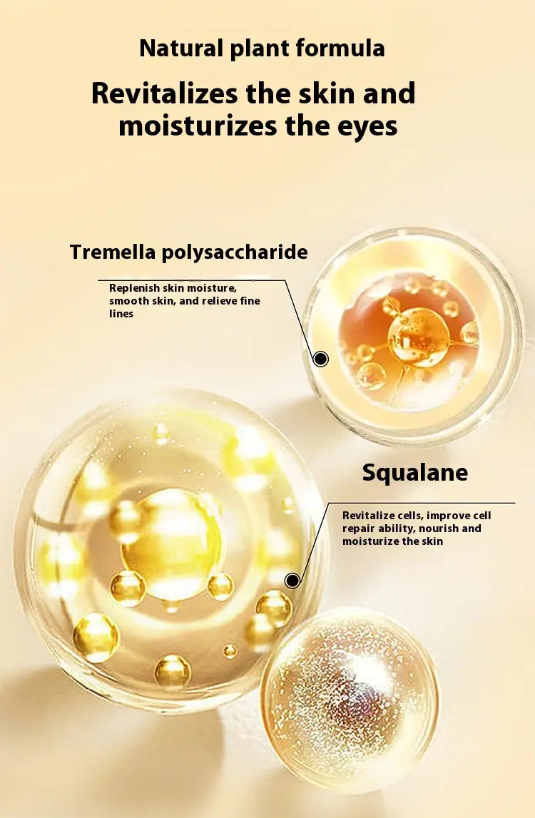 golden translucent spherical containers hold liquid skincare ingredients tremella polysaccharide and squalane in lutein eye essential oil hydrating vc serum 8ml.
