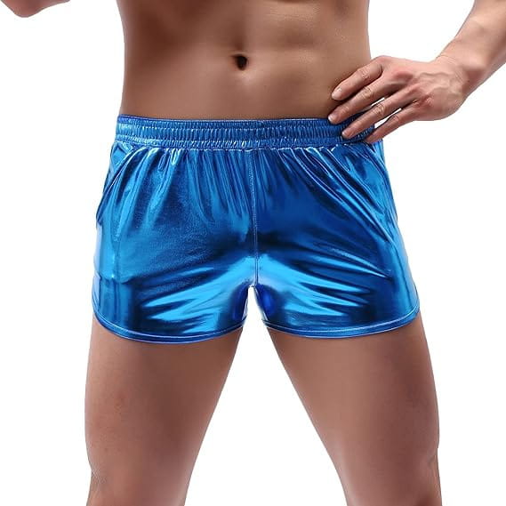 Men shiny metallic casual shorts in shiny blue metallic fabric with an elastic waistband.