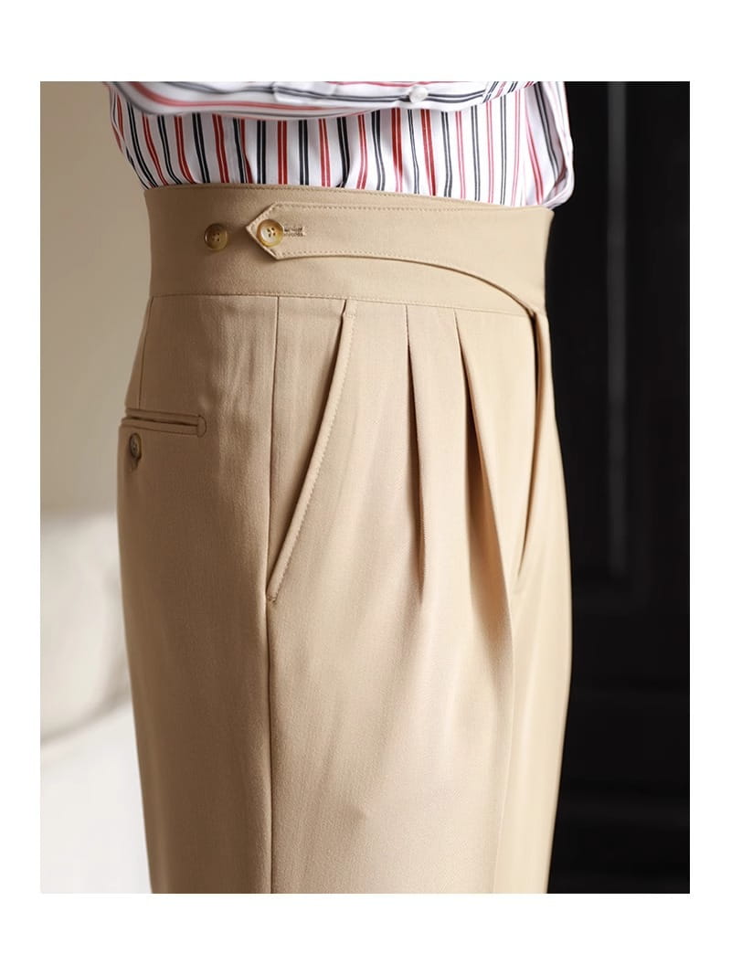 Men’s tailored pleated wool straight leg trousers in beige with a structured waistband and gold-tone button details.