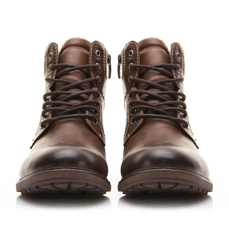 brown leather lace-up men winter snow boots with black laces and side zippers featuring fleece lining for warmth and martin style design