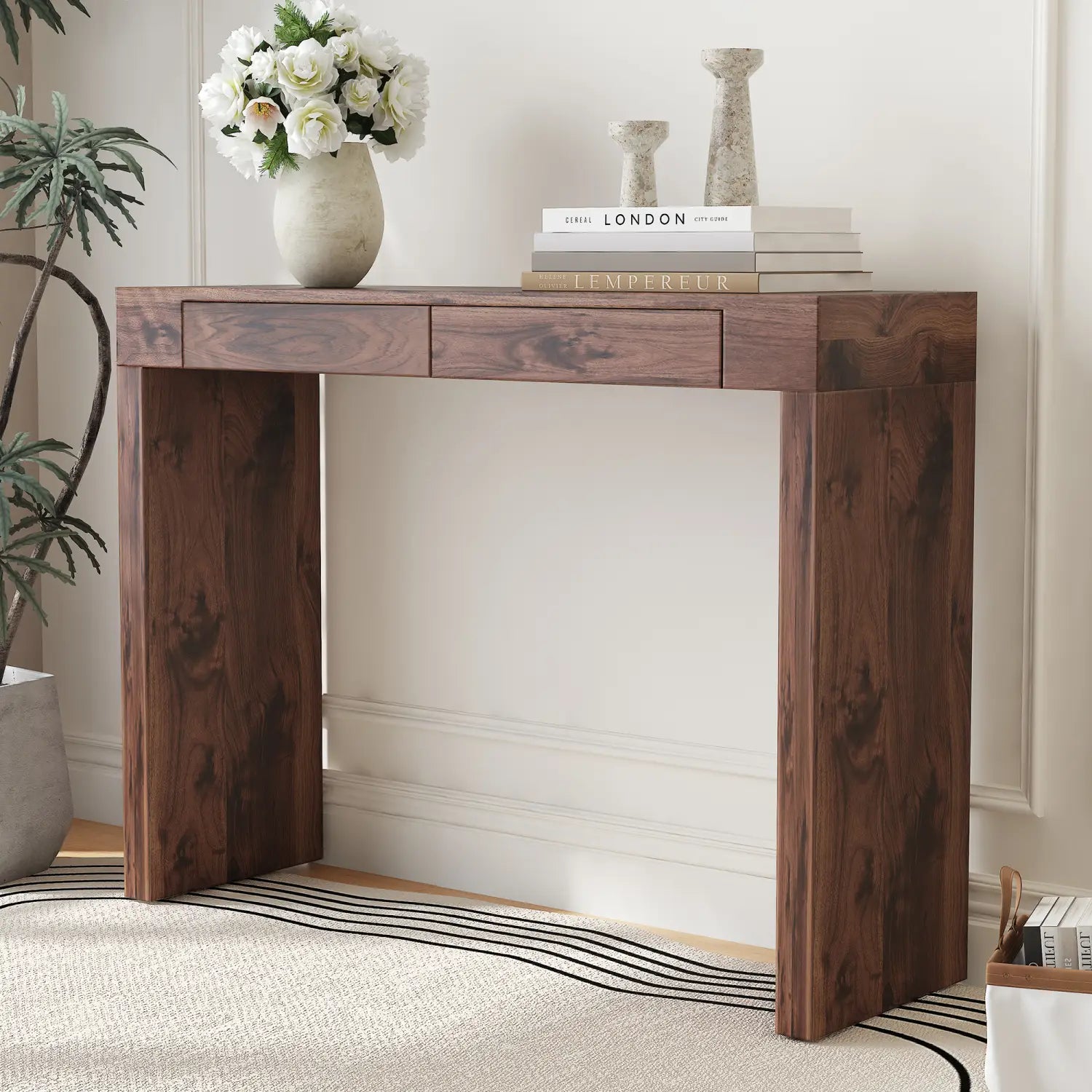 Dark brown walnut wood bar table with double drawers and a sleek minimalist design measuring 50 inches.