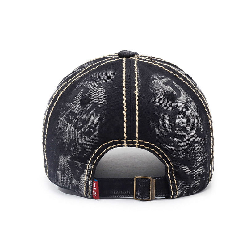 Black denim distressed washed cotton baseball cap featuring faded lettering and contrasting cream-colored stitching.
