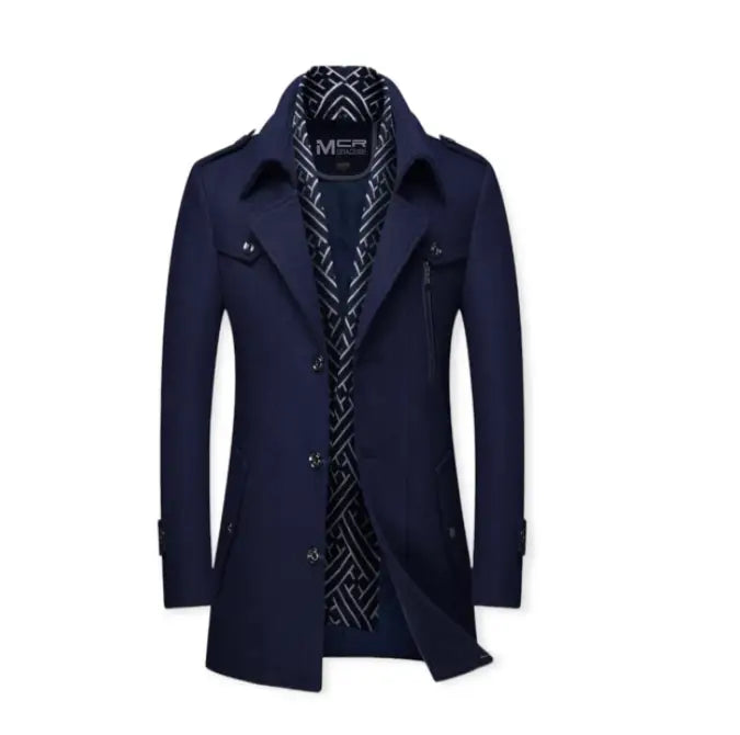 Navy blue men thickened trench coat with double collar and black and white geometric patterned woolen lining for outerwear.