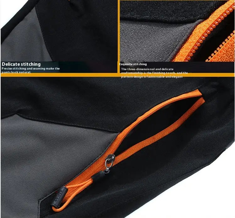 men’s waterproof tactical hiking pants featuring a black and orange zippered pocket with precise stitching on a technical jacket