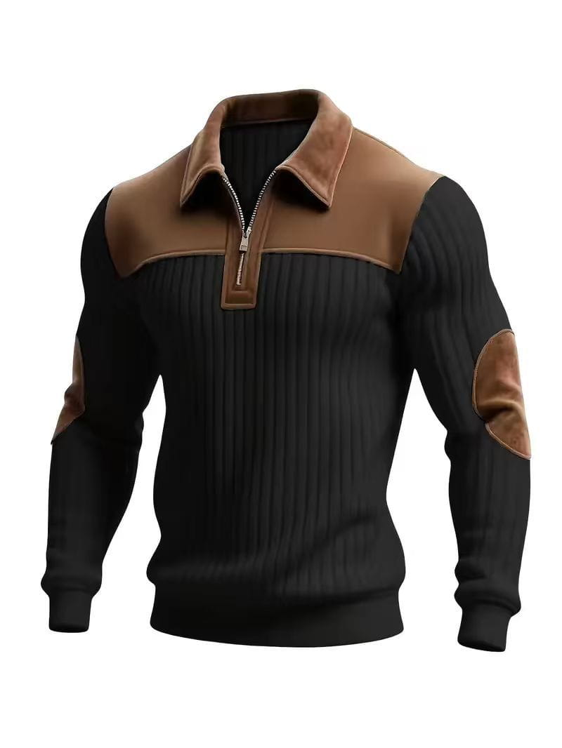 Men’s ribbed patchwork half zip knit sweater in black with brown suede collar shoulder panels and elbow patches.