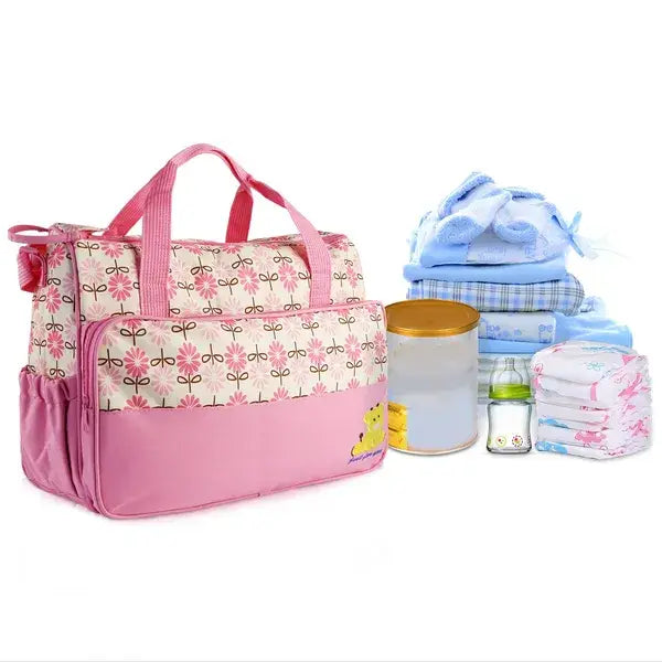 pink floral-patterned diaper bag with matching handles and a yellow bear appliqué from the 5 piece bear appliqué baby diaper travel bag set designed for convenient baby care on the go.
