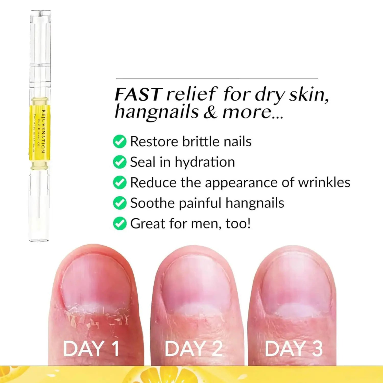 Clear glass tube with a yellow label and gold-colored cap containing golden nail growth oil for strength and moisture 1pc.