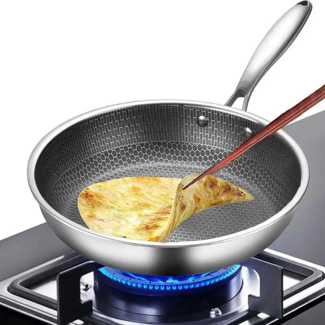 Silver 30cm stainless steel hex nonstick induction frying pan with a hexagonal textured interior and a sleek modern handle.