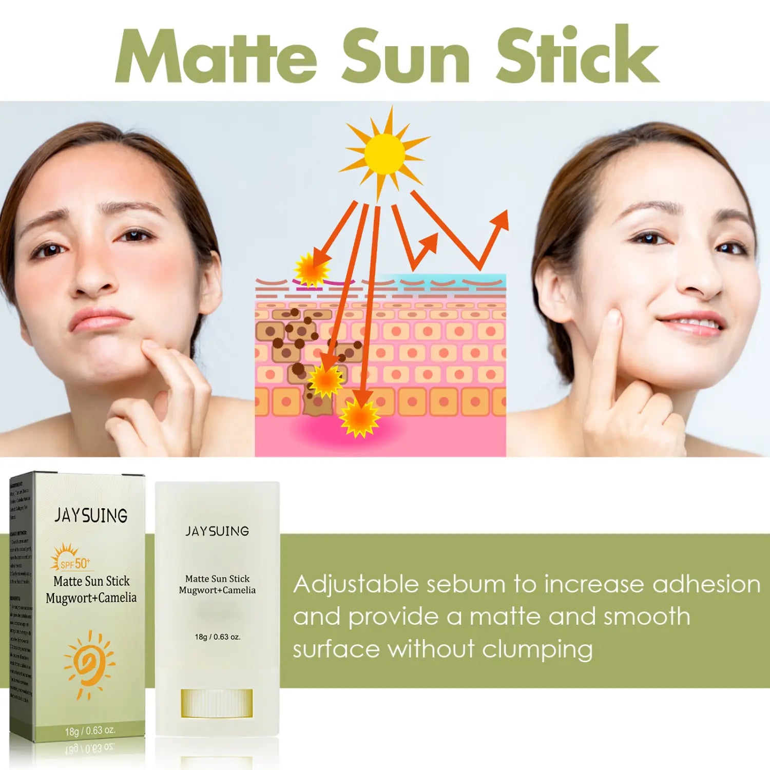jaysuing matte sun stick spf 50 moisturizing skincare cream in a sleek white stick with gold accents and minimalist packaging.