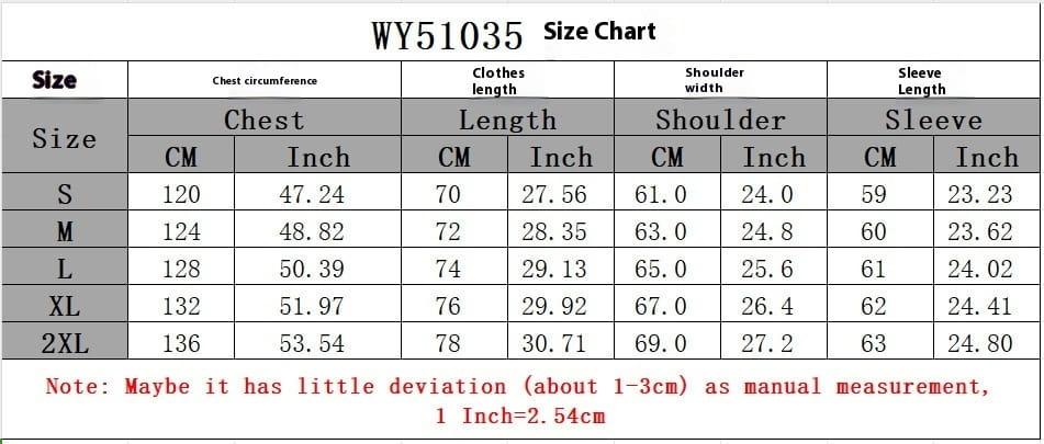 Tabla de tallas para el proyecto wy51035, sudadera con capucha de moda streetwear de ajuste holgado Starry, que muestra medidas en centímetros y pulgadas para las tallas de S a 2XL.