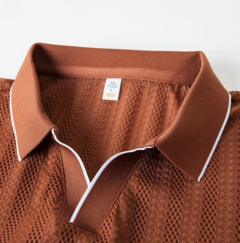 Men’s textured ice silk polo shirt in brown mesh fabric with white contrast trim on the collar and placket