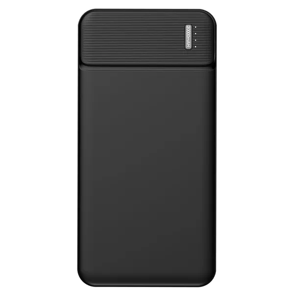Batterie externe rectangulaire noire de 20000 mAh avec charge rapide, double ports USB, dotée d’un panneau supérieur texturé et de témoins lumineux à LED.