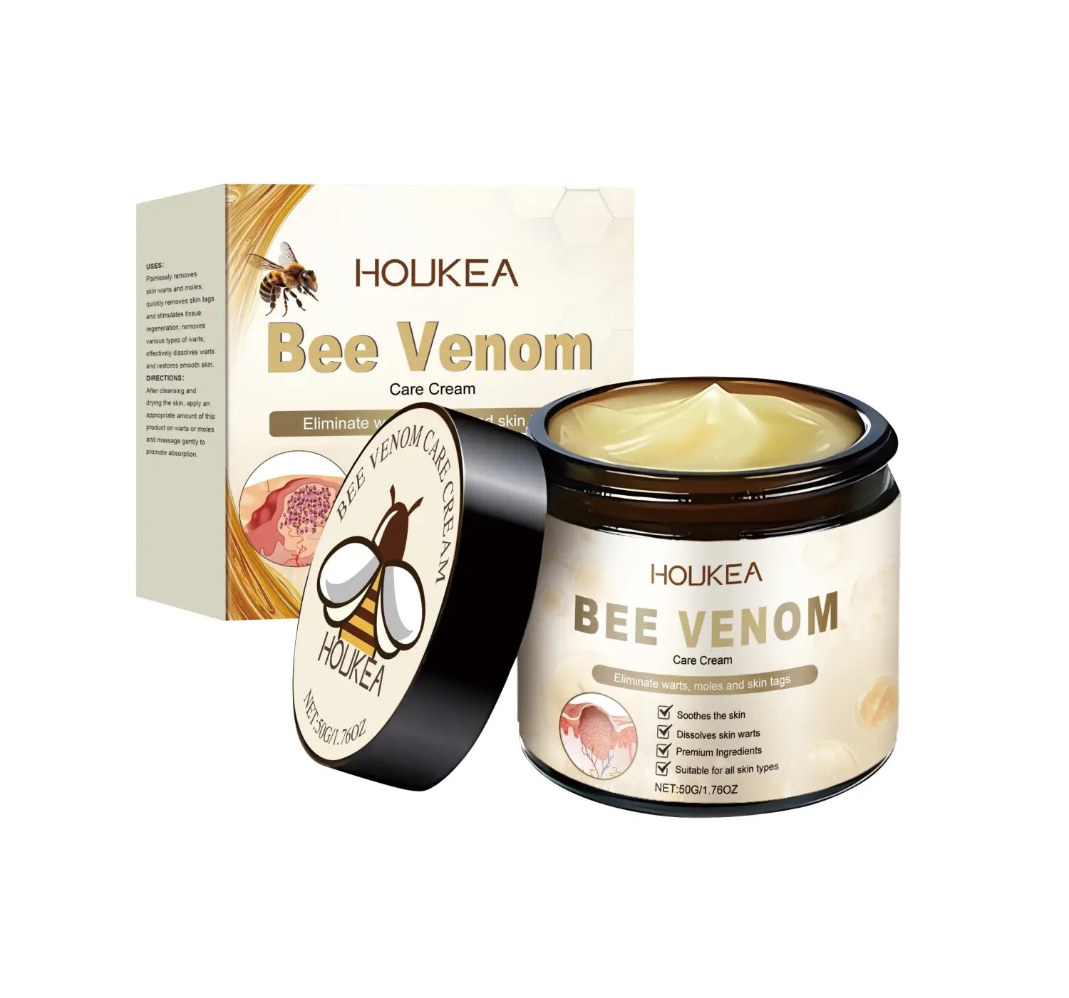 Bee venom skin cream with aloe and mint in a beige jar with black lid featuring a bee logo and cream-colored contents.