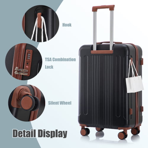 Black hard-shell abs spinner suitcase with brown leather accents and telescoping handle in a 3 piece abs spinner luggage set with TSA lock