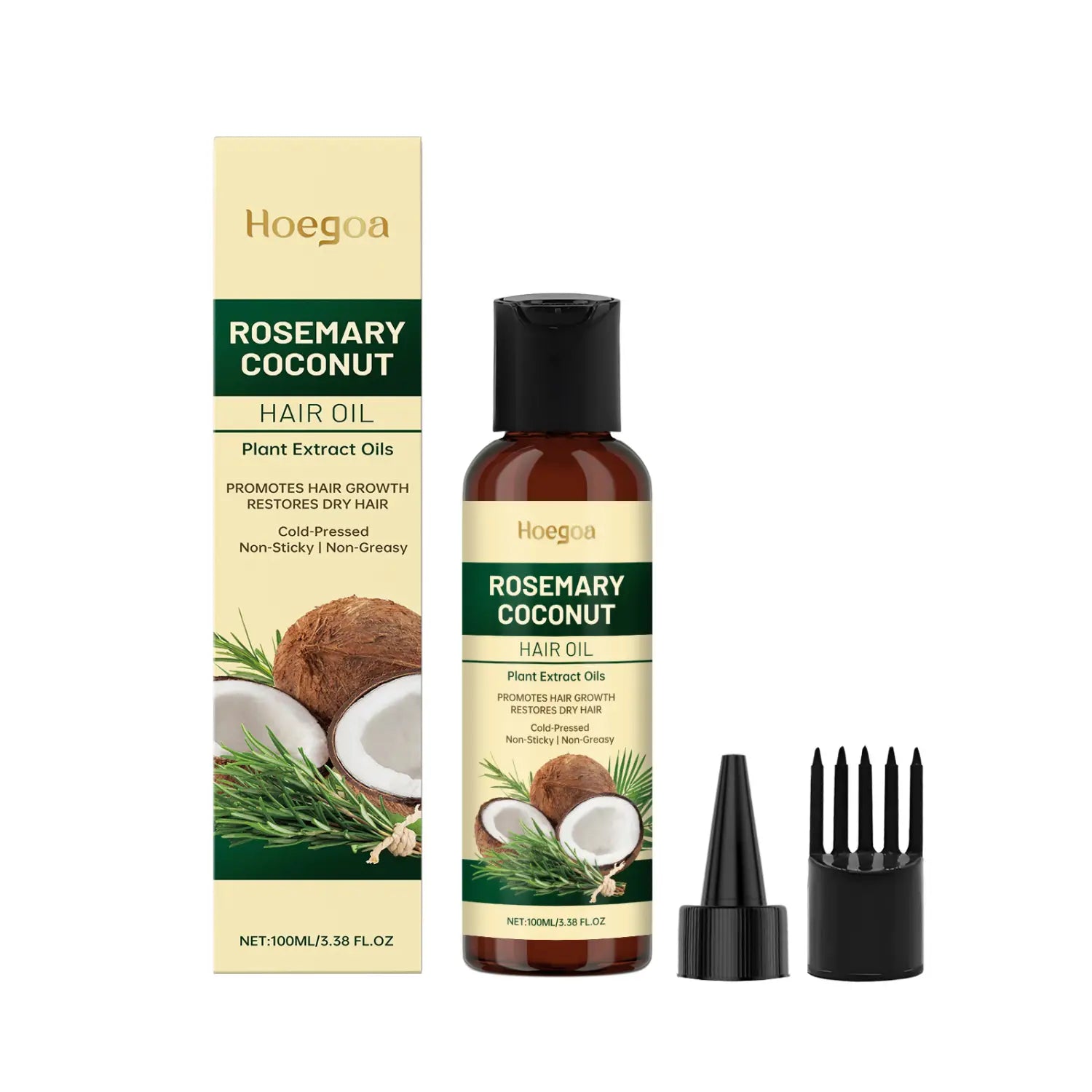 Hoegoa Rosmarin-Kokos-Haaröl in einer braunen Glasflasche mit schwarzem Deckel und Verpackung, begleitet von zwei schwarzen Applikatorwerkzeugen zur Förderung des Haarwachstums und zur Pflege von trockenem Haar, 100 ml.