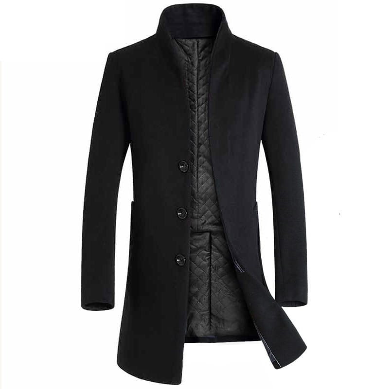Men slim woolen trench coat in black featuring a stand-up collar, three black buttons, and a quilted inner lining.