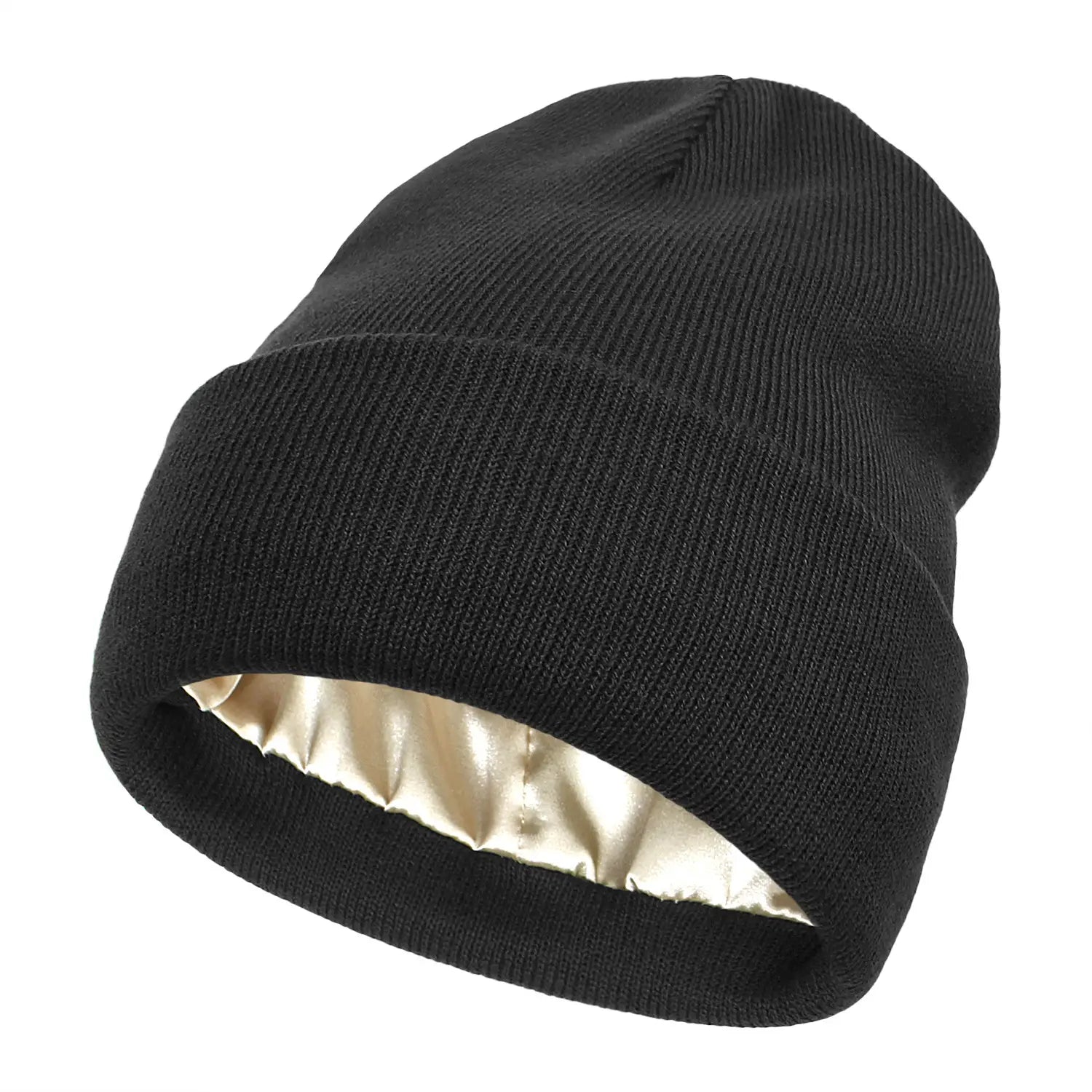 Black ribbed knit beanie with satin-lined interior designed for warmth in winter.