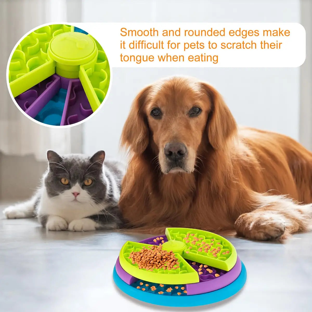 Bol à alimentation lente pour tapis à lécher et puzzle distributeur pour chien 3-en-1 en silicone multicolore, avec des bords arrondis lisses et des compartiments segmentés en vert, violet et bleu.