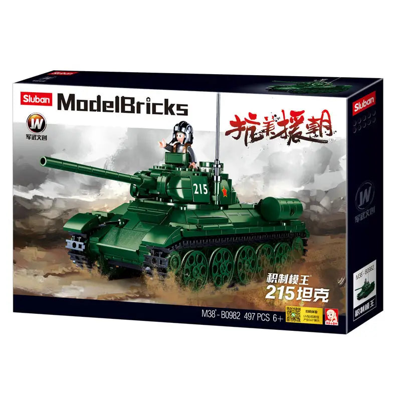 Grünes Kunststoff-Bausatz-Modellbaustein-Modell eines gepanzerten Militärfahrzeugs (gepanzerter Panzerturm) als gepanzertes Auto-Spielzeug M38-0982, mit einer Soldatenfigur oben aus langlebigen Modellbausteinen gefertigt.