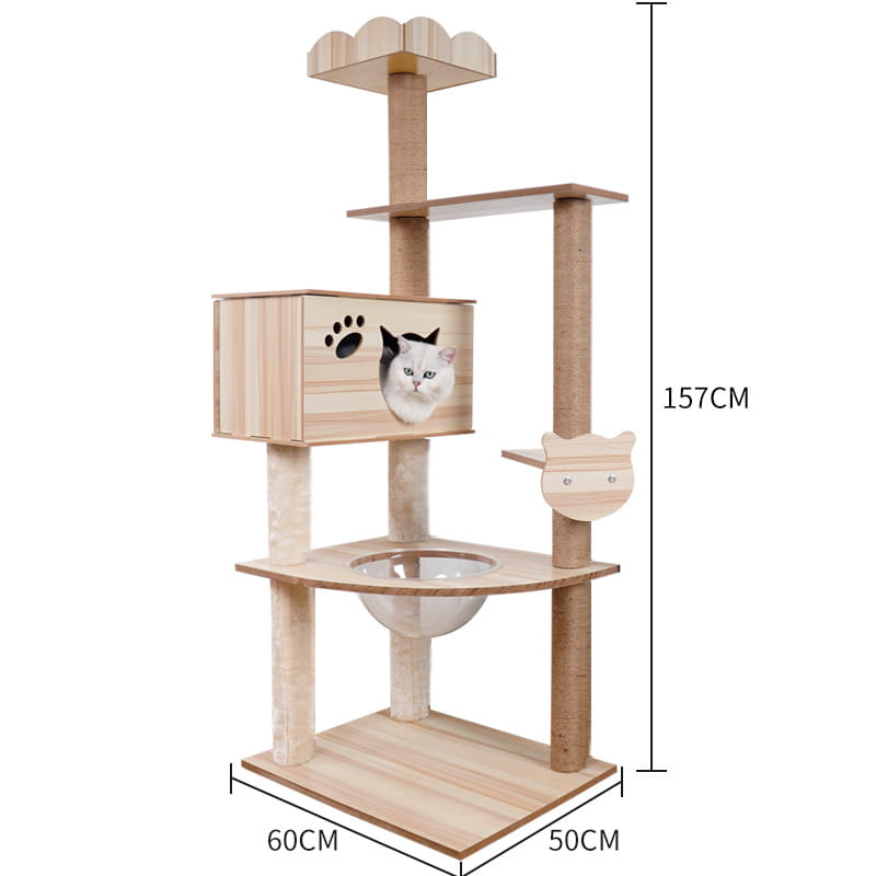 A light wood wooden cat tree scratching post and condo featuring a playful design with a paw print and cartoon cat face on the upper shelf, a glass bowl at mid-level, and a cloud-shaped top platform.