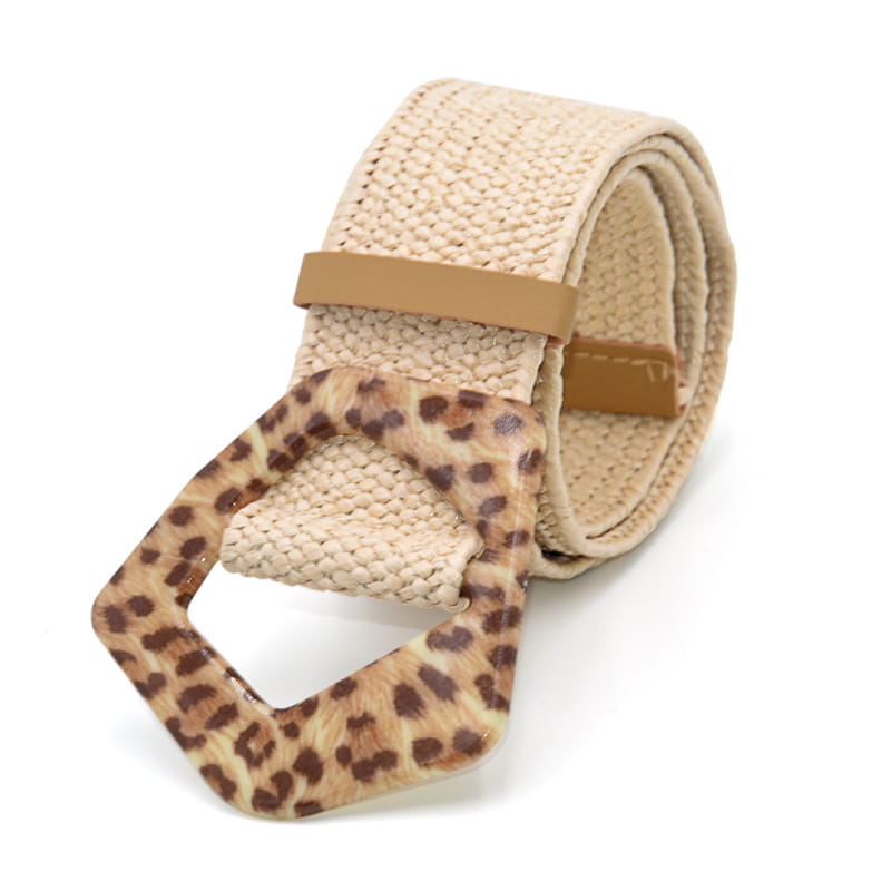 Beige woven elastic belt featuring a round leopard-print square buckle.