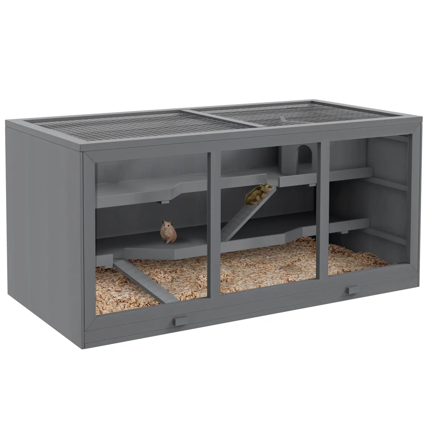Gray wooden hamster cage with a mesh top and multiple levels designed as a small animal habitat.