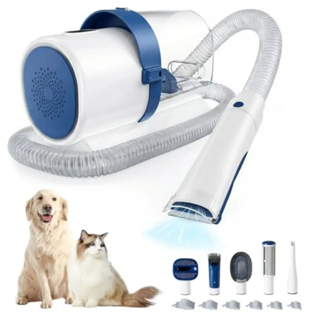 White and blue pet grooming vacuum clippers 2.5l kit with flexible hose and multiple attachments for effective pet hair removal.