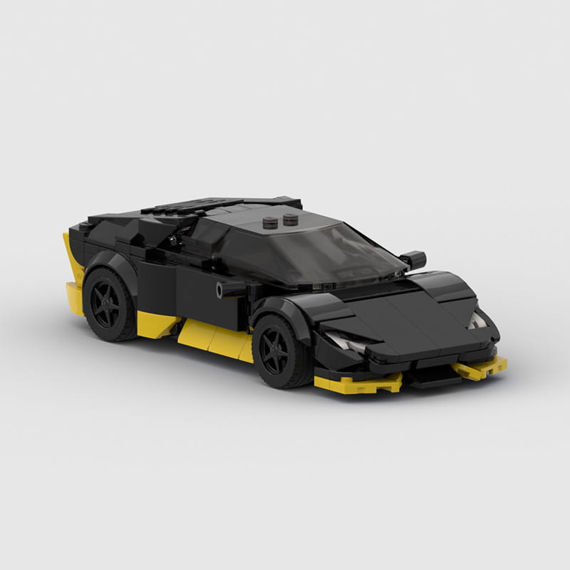 Black and yellow lego model of a Lamborghini Huracán racing sports car made from building blocks in a Lamborghini racing model building block sports car kit.