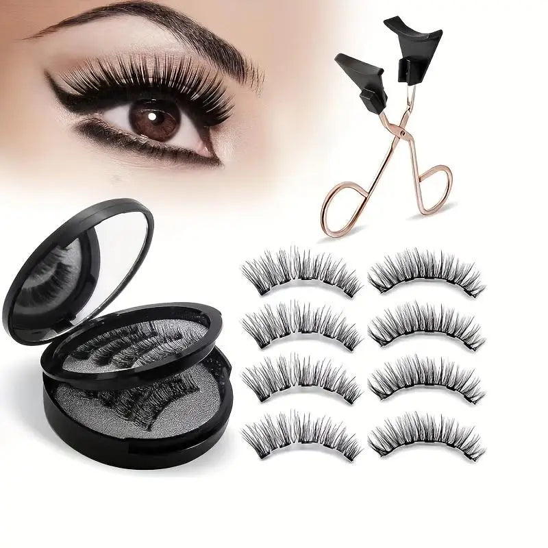 Schwarze 3D-Magnet-Wimpern im stilvollen Schwarz-Komfort-Case aus Faux-Mink mit professionellem Wimpernlocken-Applikator-Set mit Roségold-farbigen Tönen.