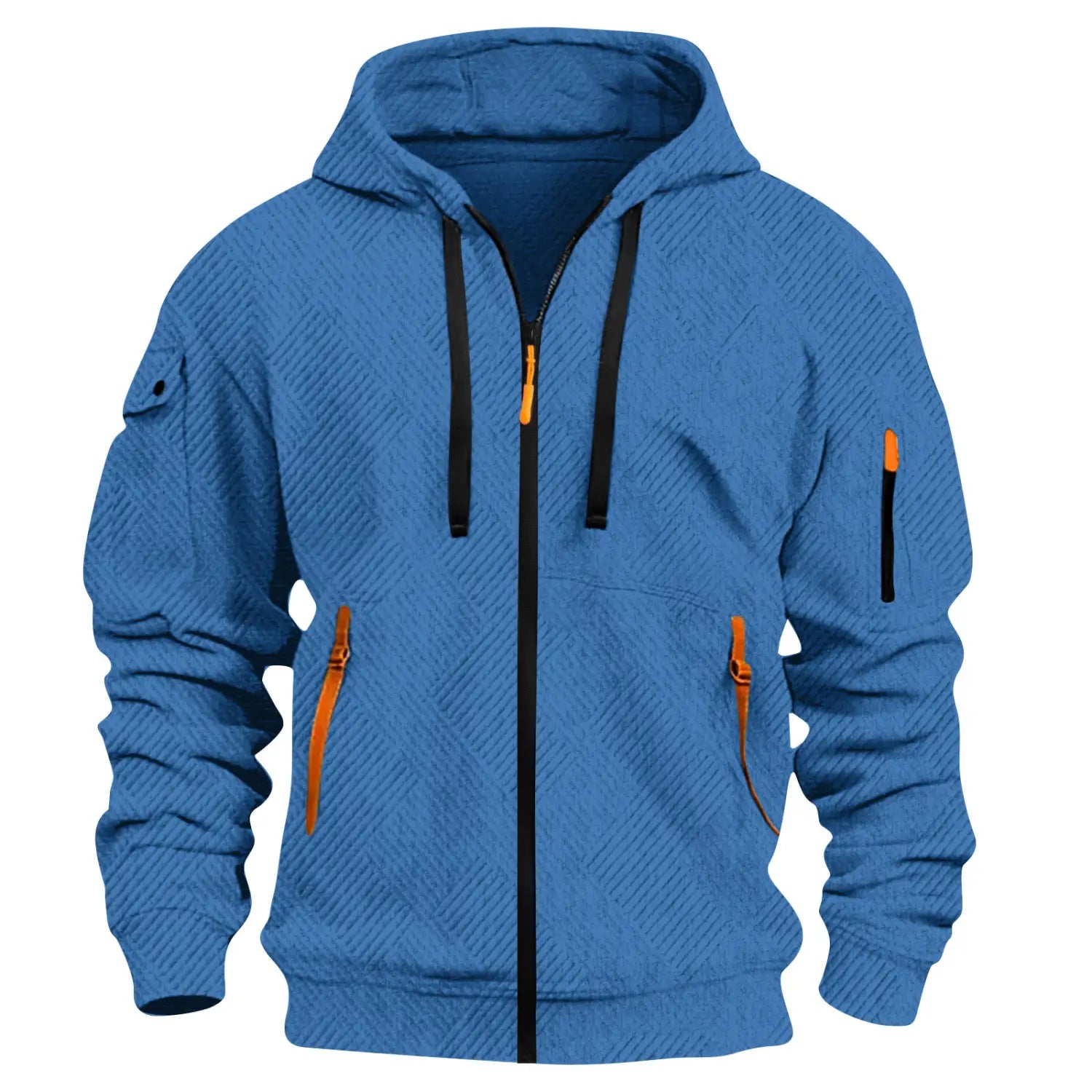 Men’s blue zip-up textured sport hoodie with black zipper and drawstrings featuring orange zipper accents on the pockets.