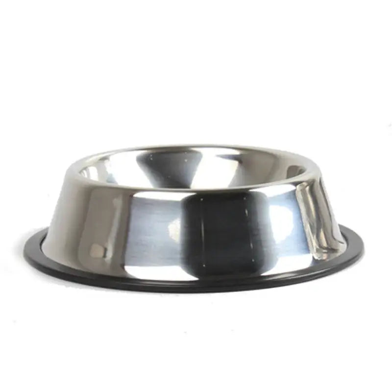 Shiny stainless steel pet food bowl with black non-slip rubber base designed for stability and durability.