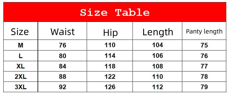 Red-bordered size table displaying waist, hip, length, and panty length measurements for men’s loose multi-pocket elastic waist cargo pants from size M to 3XL.