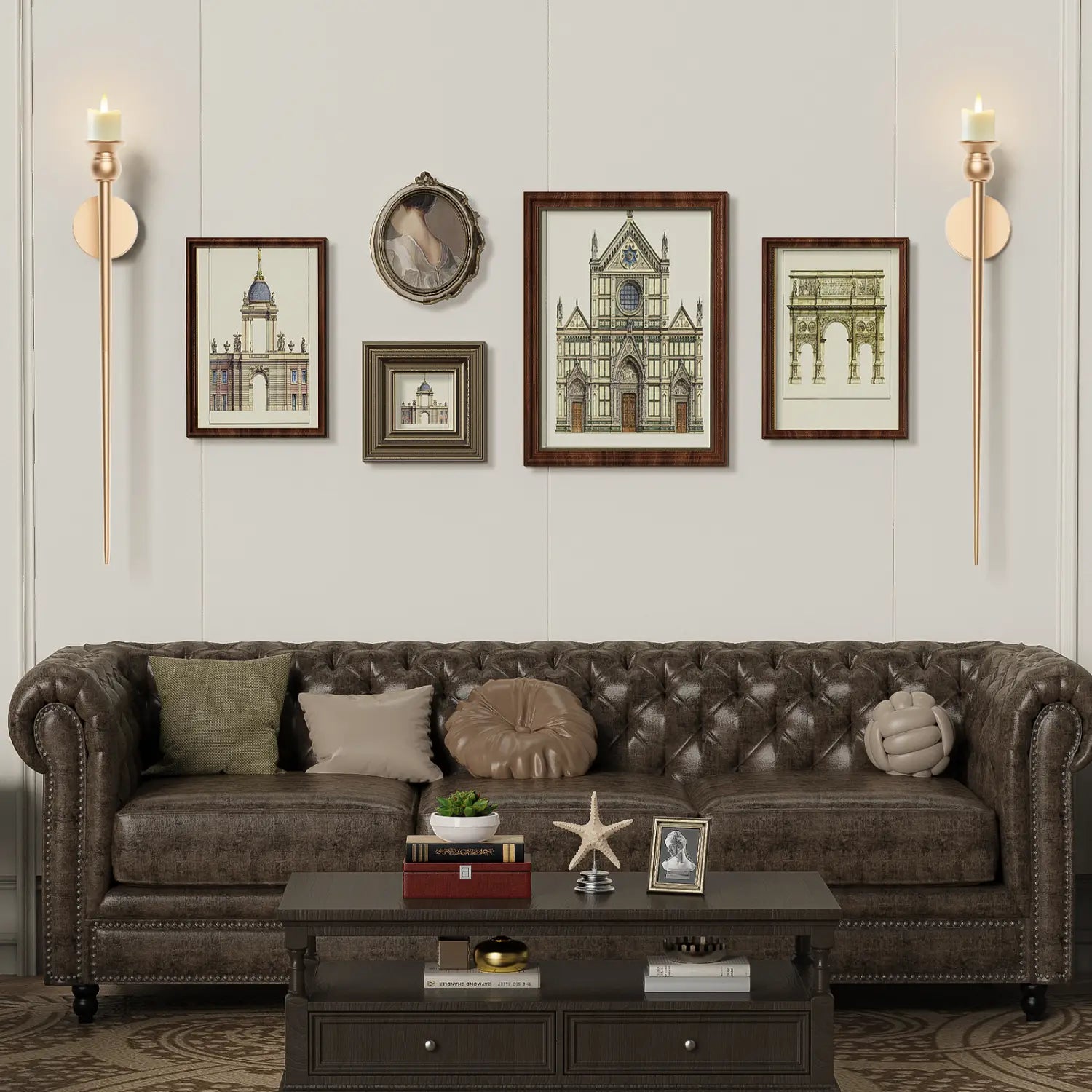 brown tufted leather chesterfield sofa with rolled arms and nailhead trim shown alongside a gold wall sconce with battery operated candle 33 inch.