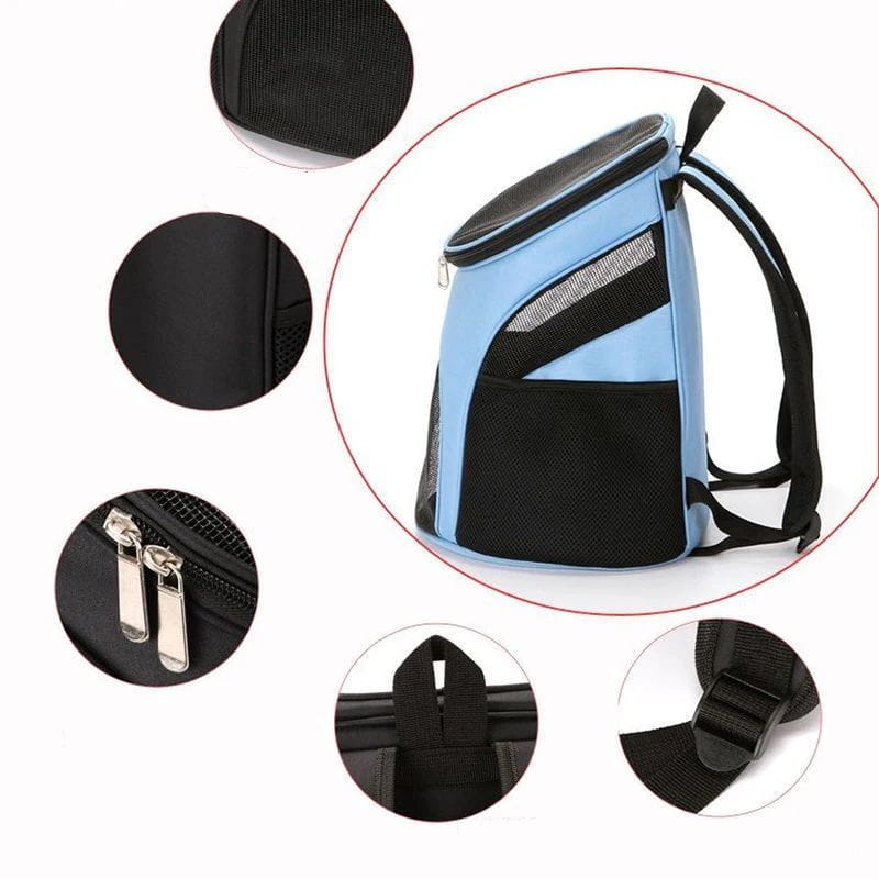 Light blue and black dog carrier backpack with breathable mesh panels and adjustable straps designed for small pet travel.