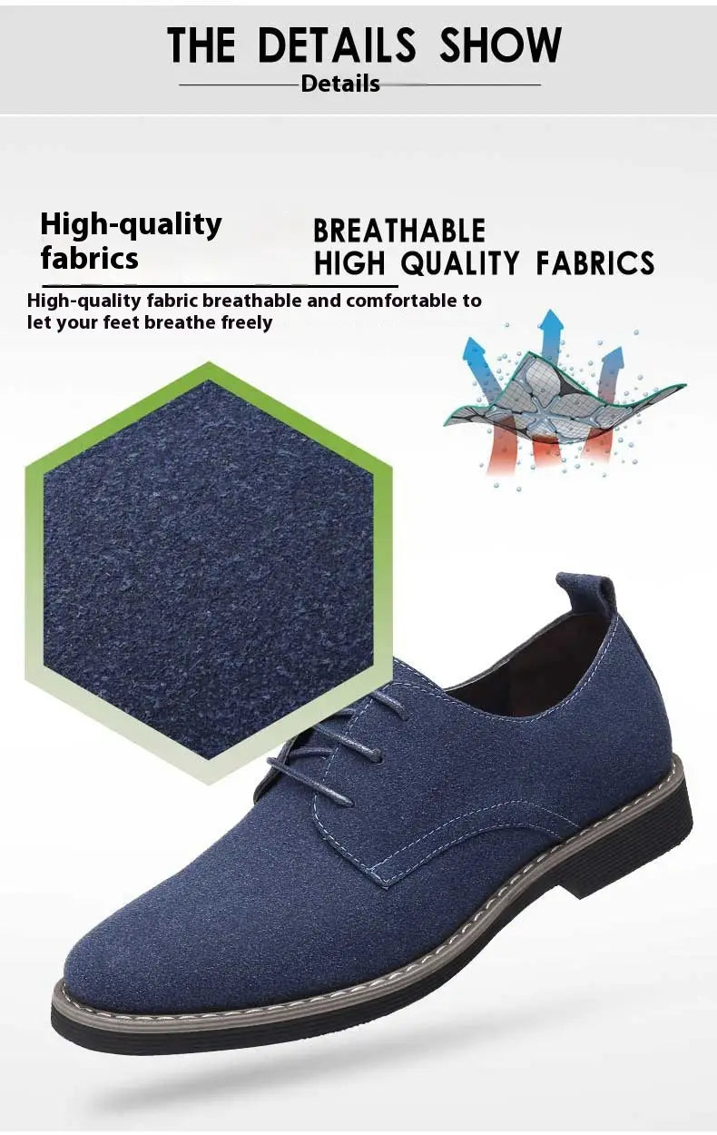 Men’s plus size British style navy blue suede lace-up dress shoe with black rubber sole and white stitching for casual Oxford wear.