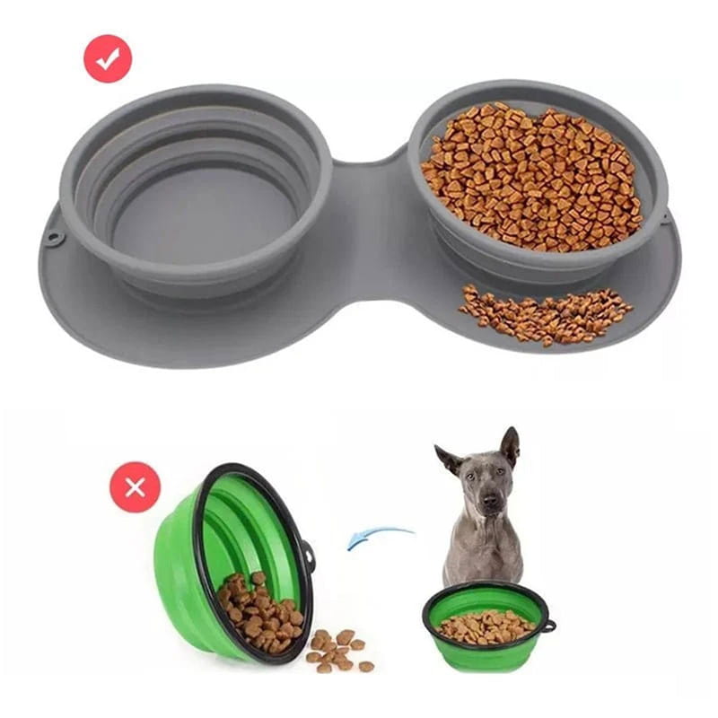 Gray silicone collapsible dog food bowl set with two compartments for travel featuring one filled with kibble and one empty.