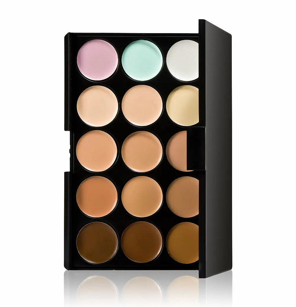 Schwarze rechteckige 15-Farben-Abdeckpalette für professionelles Make-up, mit 16 rechteckigen Fächern, die verschiedene cremige Hauttonschattierungen enthalten, von hellem Rosa bis tiefem Braun.