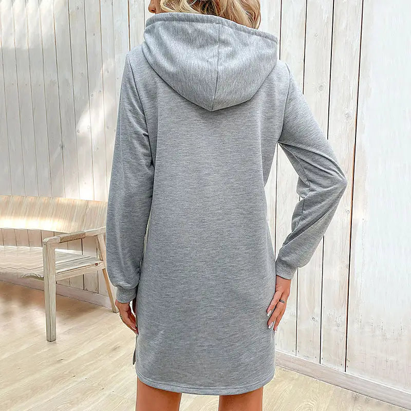 Heather gray striped patchwork hoodie dress with long sleeves, relaxed fit, pockets, and soft fabric for casual wear.