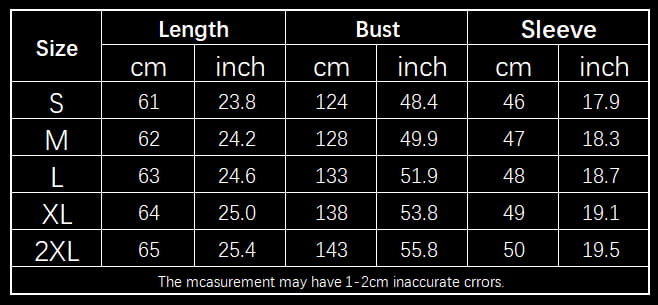Size chart table displaying measurements in centimeters and inches for the quilted bomber jacket casual outerwear in sizes small through 2XL.