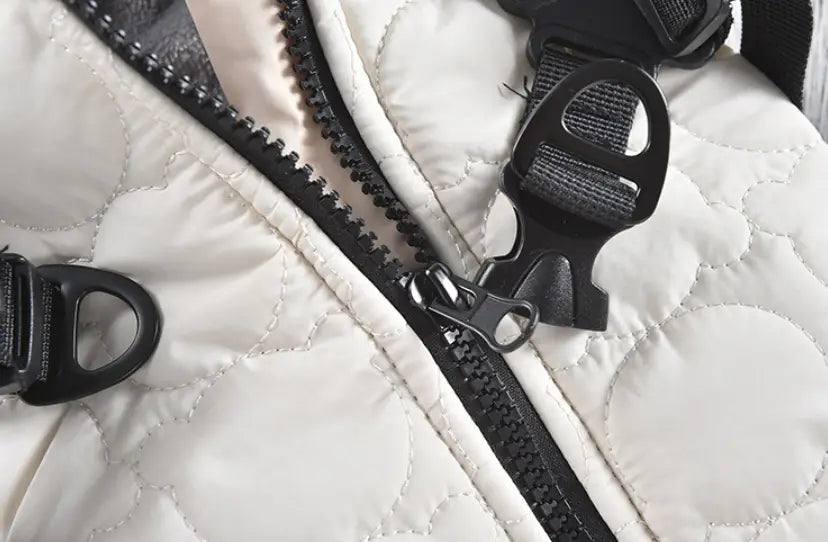 white quilted dog vest with black zipper and adjustable straps designed as a windproof warm pet coat.