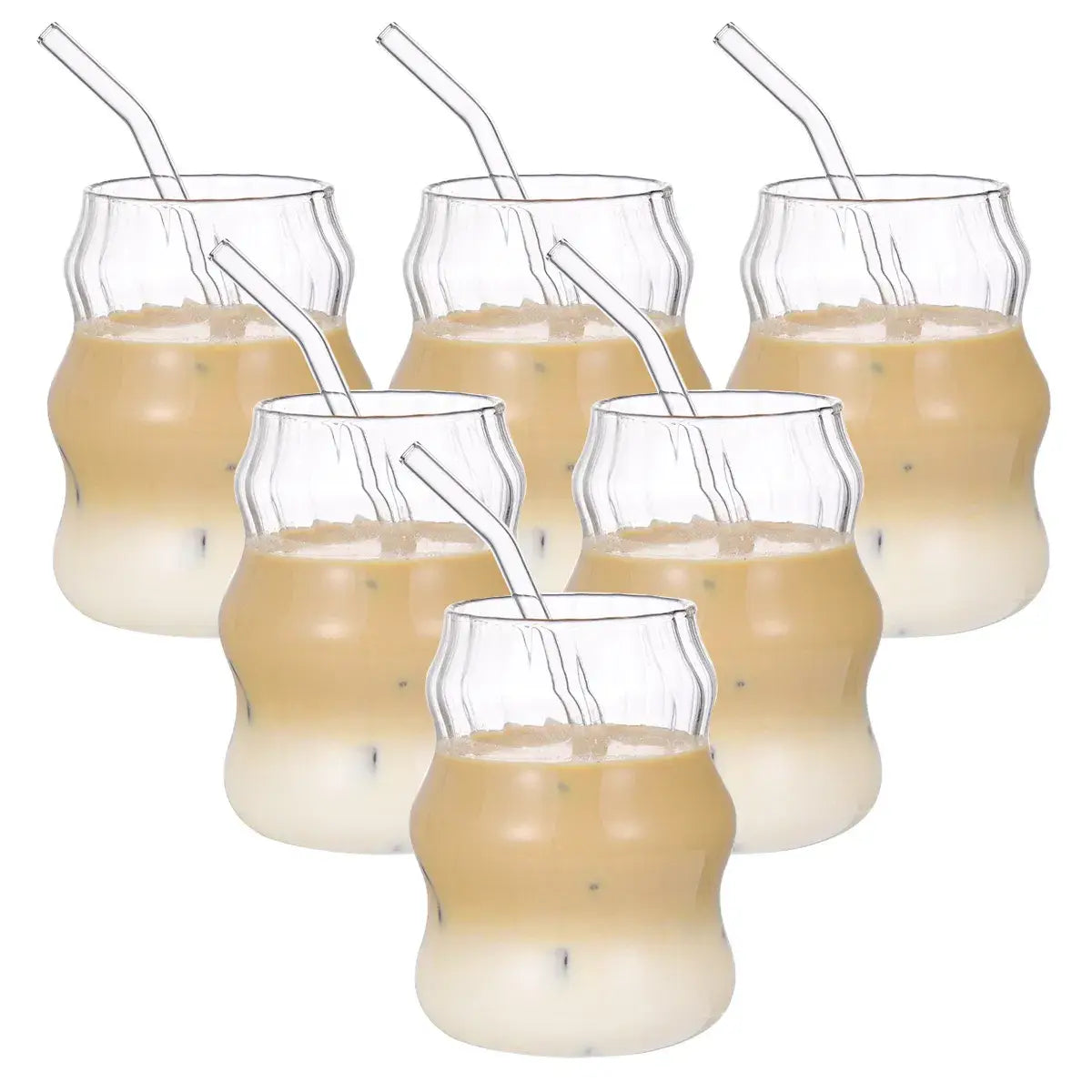 Klare gerippte Glasbecher mit welligem ergonomischem Design und passenden klaren Glasstrohhalmen, 6-teiliges Set, 19 oz.