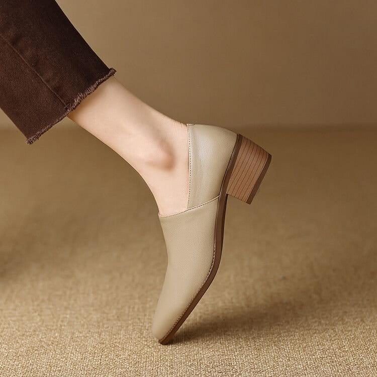 beige leather ankle boot with block heel and pointed toe for women displayed as part of leather block heel loafers square toe shoes collection
