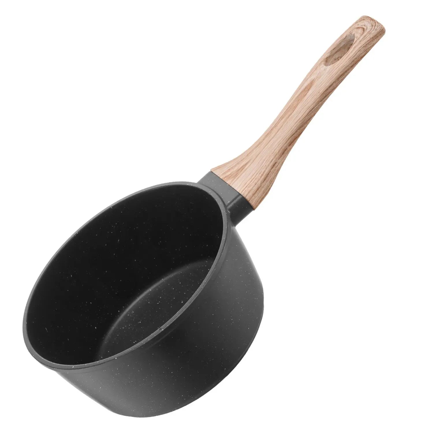 Black speckled 1.5 qt nonstick saucepan with lid and light wood handle designed for easy cooking.