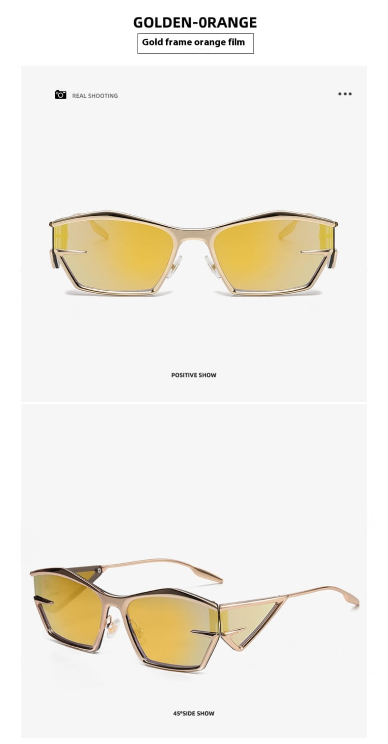 Gold-framed geometric shield uv400 fashion sunglasses with reflective orange-tinted lenses.